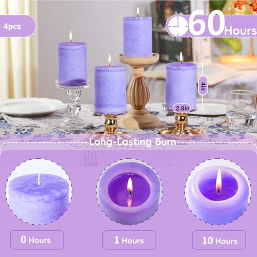 4 Pack Lavender Scented Pillar Candles-2.8x4 in Purple Decorative Candles,60-Hour Long Lasting Burn,Handmade Rustic Pillar...