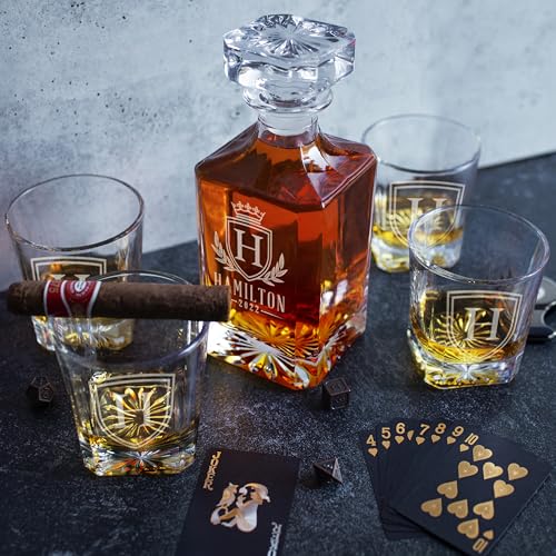 Personalized Whiskey Decanter Set - 5 Design Options - Custom Liquor 25 oz, 750ml Liquor Decanter w/Whiskey Glass Set Opti...