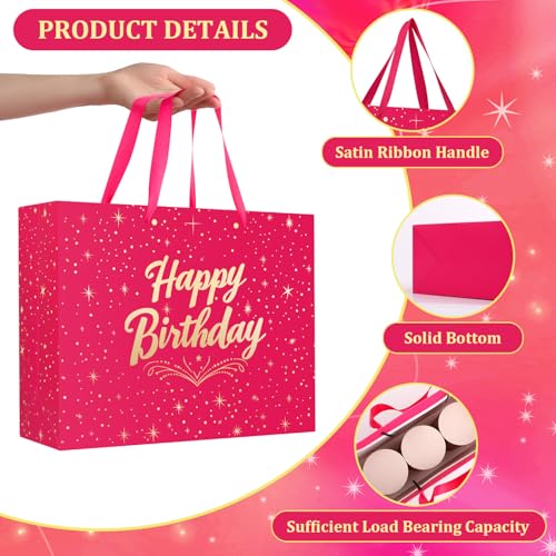 BeiLaad 13" Pink Happy Birthday Gift Bag with Greeting Card and Tissue Papers, Happy Birthday Bag for Women Girls Party, G...