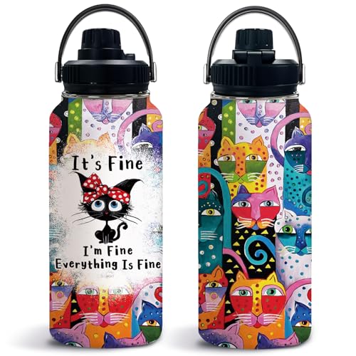 Uibunoo Cat Gifts for Women, Funny Black Cat Water Bottle Cup Tumbler with Lid 32oz Everything Is Fine, Cats Themed Gift f...