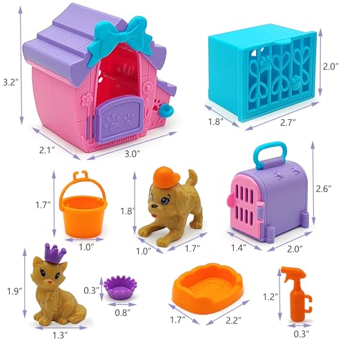 Dolls Accessories Playsets Dog Cat Figures with House Cage Pet Pretend Play Toys for Doll Toddlers 3-5 age 5-7 Girls Kids ...