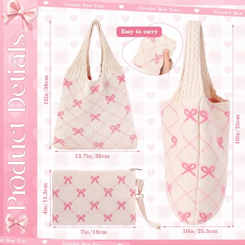 Sanwuta 2 Pcs Pink Bow Crochet Tote Bag Beach Bow Mesh Knitted Shoulder Bag Coquette Aesthetic Bohemian Bags for Women