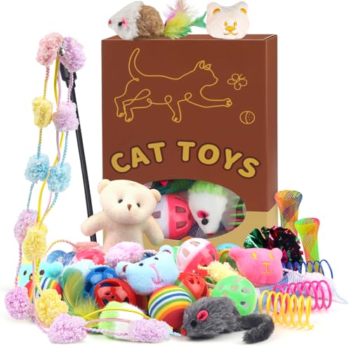 QUOZUO 30 Pcs Cat Toy Kitten Toys Set, Interactive Cat Toy Wand Cat Springs Ball Toy with Bells, Cat Toys for Bored Indoor...
