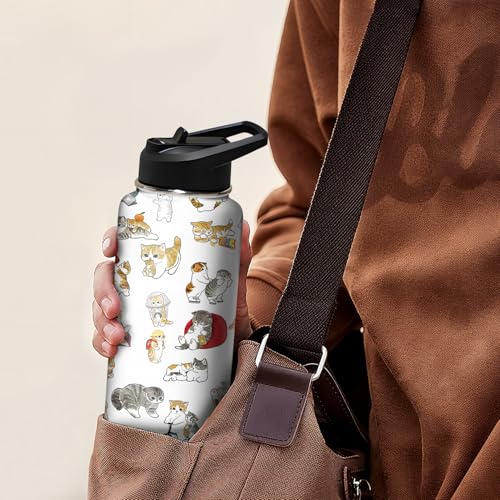 32oz Cat Water Bottle with Handle and Flip Straw, Pixel Sports Stainless Steel Insulated Cup Travel Coffee Mug Tumbler, Bi...