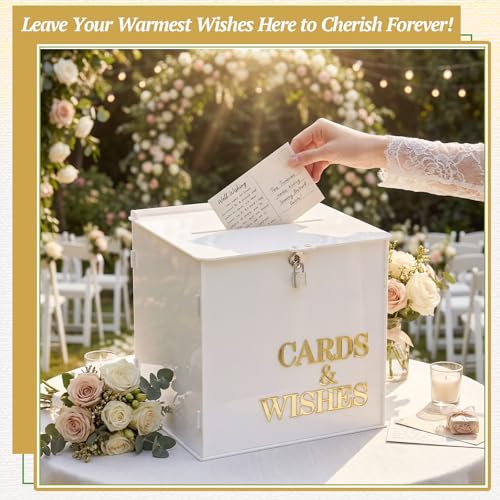 AerWo White Wedding Card Box with Lock, Acrylic Gift Card Box for Party with 3D Letters, Large Wedding Card Boxes for Rece...