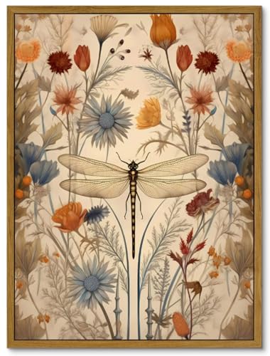 Framed Vintage Dragonfly Canvas Wall Art Whimsical Botanical Floral Picture Elegant Mid Century Natural Poster Prints Ecle...