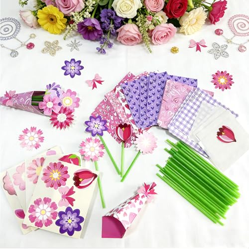 SMUAENSS 48 Set Mothers Day Craft Flower Bouquet Craft Kit DIY Paper Flower Crafts, Handmade Thankful Gifts for Teacher Ap...