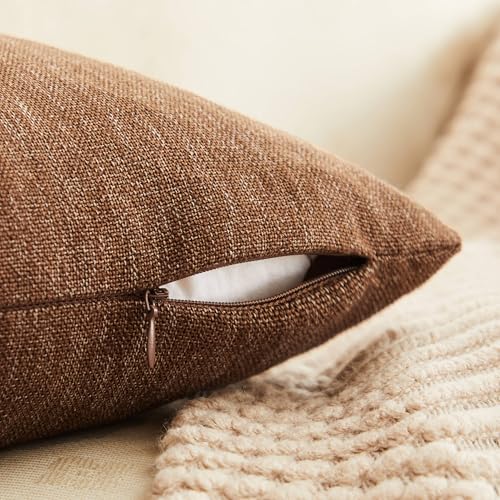 ZeeMart Rustic Cotton Linen Throw Pillow Covers Set of 2, 18x18 Inch Brown, Farmhouse Style Decorative Couch Pillow Cases ...