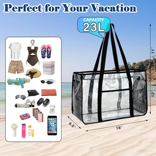Fammart Clear Beach Bag for Women, Large Pool Tote Cruise Vacation Essentials - Zipper Closure, Waterproof, Sandproof