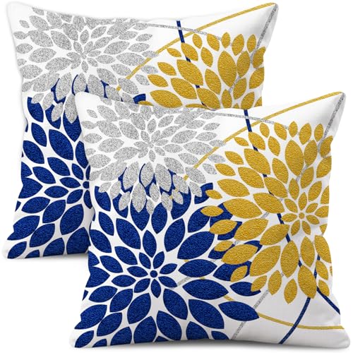 Decorative Throw Pillow Covers Set of 2 Double-Sided 18x18 inch White Linen Yellow Navy Blue Silver Grey Pillow Cases Farm...