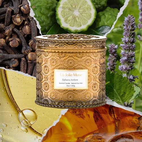 LA JOLIE MUSE Sahara Amber Candle – Bergamot, Clove & Amber | 12 oz Large 2-Wick Soy Wax Candle | 60 Hours Clean Burn | Gi...