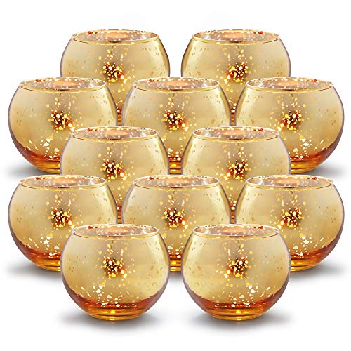 Volens Round Gold Votive Candle Holders, Mercury Glass Candle Holder Set of 12, Wedding Decorations for Table