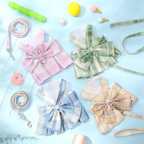 Potchen 4 Pcs Cute Plaid Dog Dress Set with Bow Tie Harness & Leash for Small Dogs, Puppy Clothes for Girls Outfits(S,Ligh...