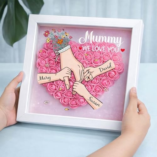 Custom Flower Shadow Box for Mom with Kids Names & Holding Hands, LED Light, Personalized for Mom Grandma from Daughter So...