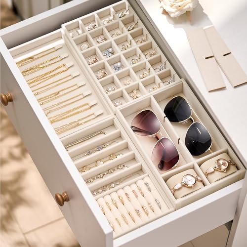 Velvet Jewelry Drawer Organizer Trays – 4-Layer Stackable Jewelry Storage Inserts Set, Beige Jewelry Tray Set for Earring...