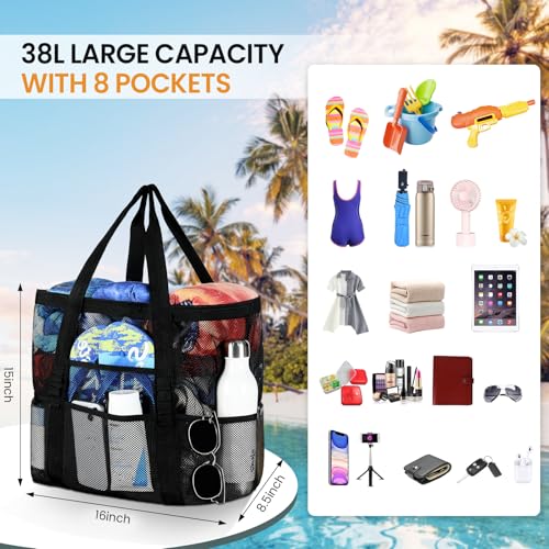 Tavaleu Mesh Beach Bag - Large Beach Tote with Multi Functional Pockets for Family Travel/Vacation
