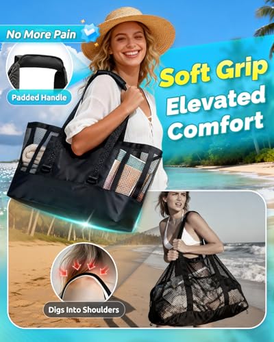 OnWander Large Mesh Beach Tote Bag - 50L Pool Bags with 2 Inner Zipper Waterproof Pockets for Swim Toys Towels Travel