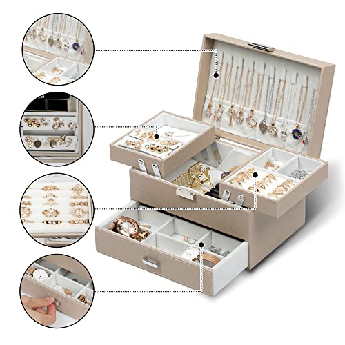 Dajasan Jewelry Organizer Box, Large Jewelry Boxes for Women Girls, Space-Saving 3 Layers Jewelry Storage Case with Drawe...