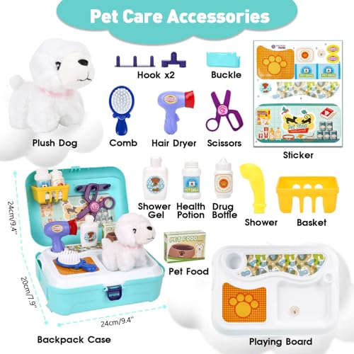 Pet Care Play Set for Kids, 16Pcs Doctor Kit Pretend Play Vet Puppy Dog Grooming & Feeding Toys with Backpack, Educational...