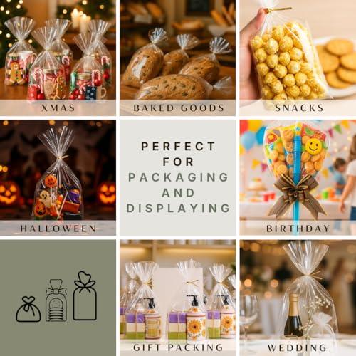 Wowfit 50 CT 10x14 inches Clear Bottom Gusset Cellophane Gift Bags with 6" Gold Twist Ties, Cello Packaging for Party Favo...