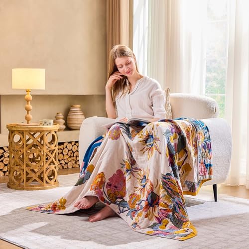 XIBLC Boho Throw Blanket, 100% Cotton Ultra Soft Luxury Throw Rustic Quilt, 50"x60" Floral Bird Butterfly Farmhouse Decor ...