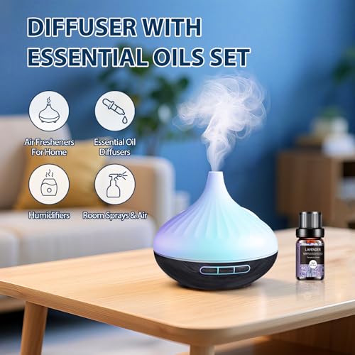 Aroma Diffuser & 12 Pcs Organic Essential Oils Set for Room, 500 ML Ultrasonic Diffuser for Home Cool Mist Humidifier with...