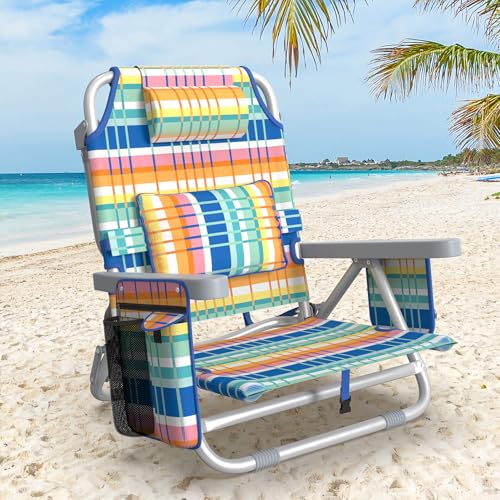 Suteck Beach Chair, Adjustable 5-Position Backpack Beach Chairs for Adults Kids, Foldable Lay Flat Chair with Cooler Bag, ...