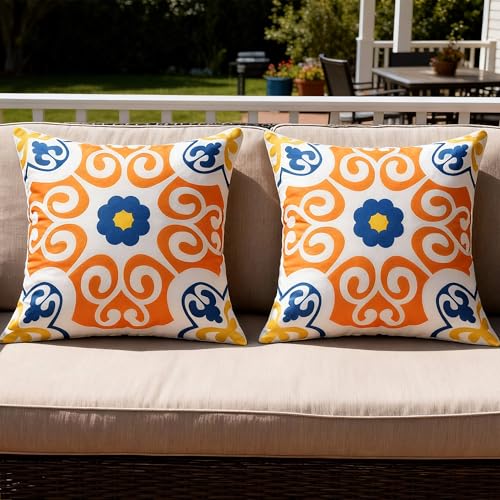 Decodella Outdoor Waterproof Throw Pillow Covers Pack of 2 Floral Printed Boho Farmhouse Sunbrella Cushion Covers for Pati...