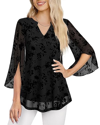 VALOLIA Women's 3/4 Sleeve Floral Tunic Tops V Neck Double Layers Loose Fit Mesh Blouses Shirt