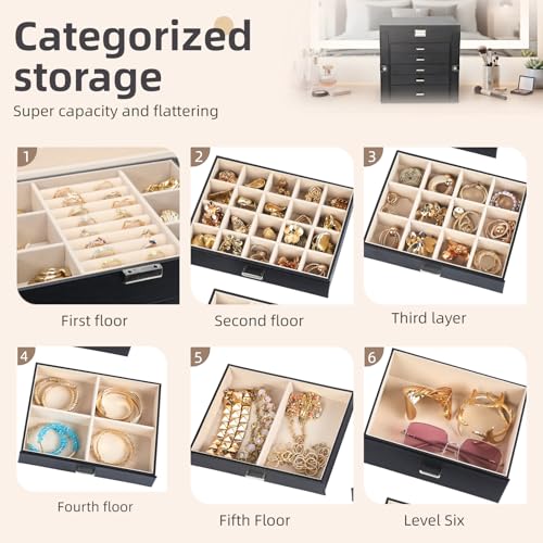 BOOVO Jewelry Box For women, 6 Layer Large Jewelry Organizer With Mirror, Multi-Function Storage Box With Lock, Necklace H...