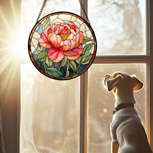 HWRHTR Stained Glass Window Hanging - Pink Peony Floral Suncatcher for Door Garden Yard Birth Flower Sun Catchers Decor Ch...