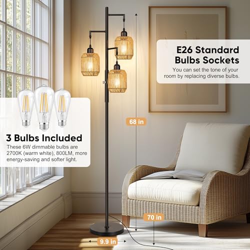 ROTTOGOON Dimmable Boho Floor Lamp - 3 Light Farmhouse Rattan Floor Lamp for Living Room, Industrial Tree Floor Lamps with...