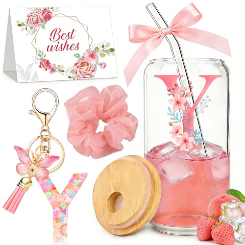 YSDZDM Personalized Initial Gifts Set For Women Customized Monogrammed Glass Cups with Bamboo Lids and Straws Cute Floral ...