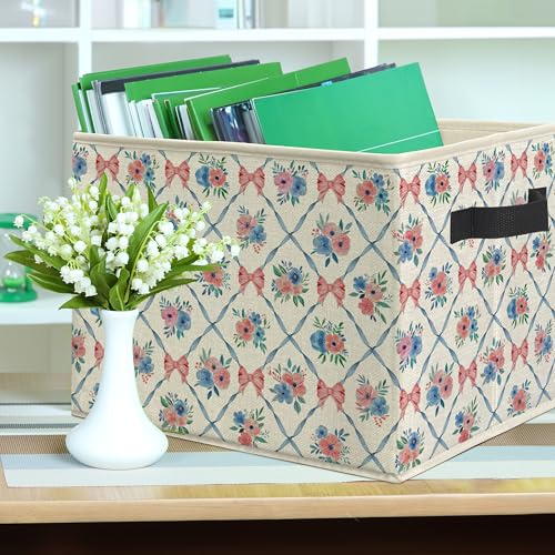 ROXMART Pink and Blue Bow Floral Storage Bin Box, Coquette Preppy Ribbon Bow Flower Collapsible Storage Basket Organizer f...