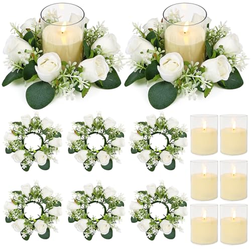 Acmee White Rose Candle Rings with Flameless Candles Sets - 12PCS Artificial Flower Eucalyptus Wedding Centerpiece 3 Inch ...