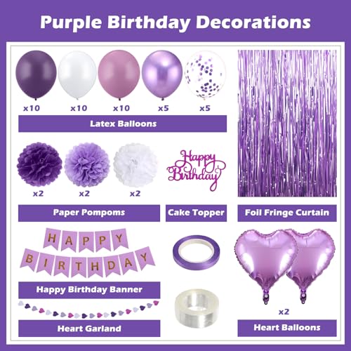 Purple Birthday Decorations for Women, Happy Birthday Party Decorations, Happy Birthday Banner, Purple Balloons, Foil Frin...