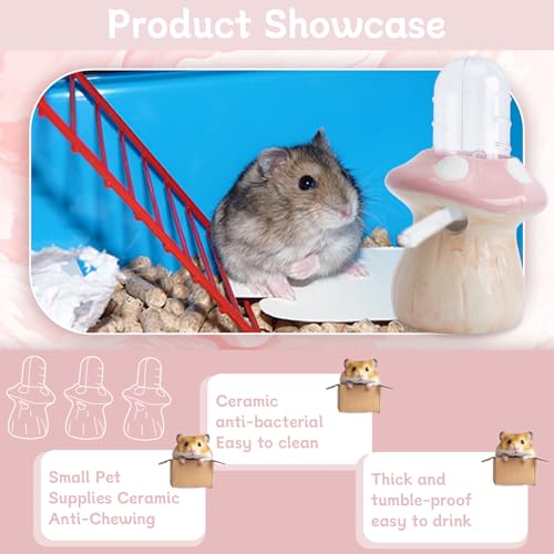 Saim Hamster Water Bottle with Mushroom Ceramic Stand - Automatic Water Dispenser for Small Animals,Chew Proof Gerbil Wate...
