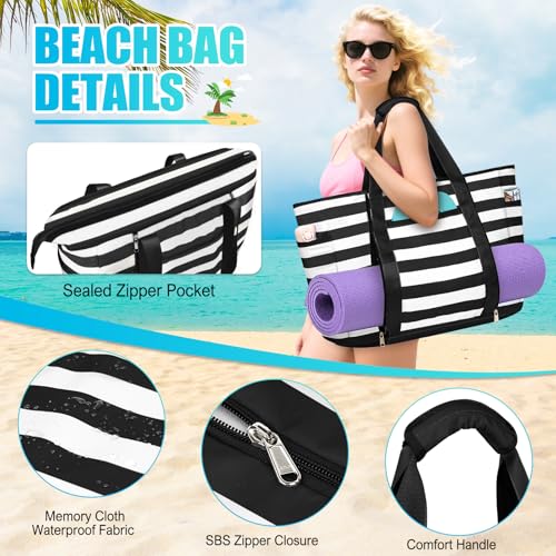 TEUEN Extra Large Beach Bags for Women, Waterproof Sandproof Beach Tote Bag Foldable Swim Pool Bag with Zipper and Wet Pocket