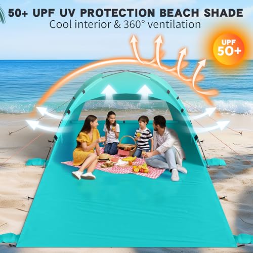 Beach Tent Sun Shelter with Extended Sand Mat 114×82inch，UPF 50+ Protection, 3 Double-Layer Windows for Enhanced Privacy; ...