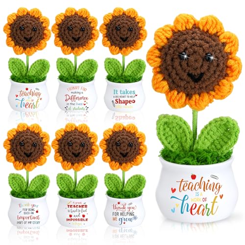 6 Pcs Teacher's Day Gift Bulk Teacher Appreciation Gift for Women Thank You Crochet Sunflower with Sticker Retirement Grad...