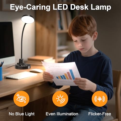 15W LED Desk Lamp with USB Charging Ports – Dimmable Table Lamp with 3 Color Temps, 5 Brightness, 4 Timers, Flexible Goose...