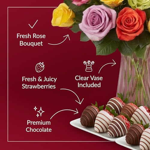 Shari’s Berries 24 Assorted Roses with Vase & 6 Gourmet Chocolate Covered Strawberries Gift Set| Flower & Chocolate Gift D...