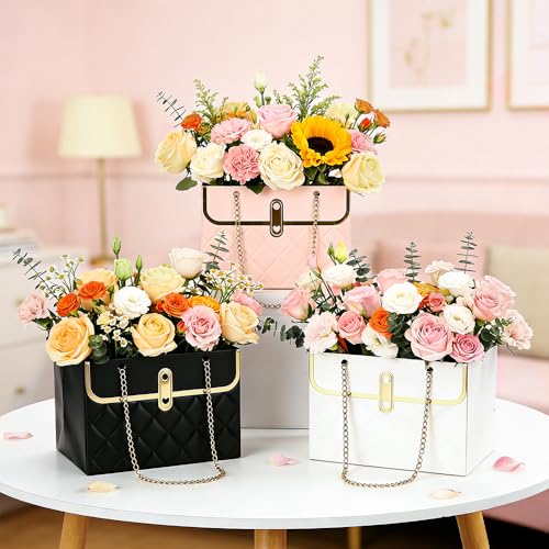 6 PCS Flower Paper Gift Box, Bouquet Storage Bucket Florist Handbag with Metal Chain Flower Bouquet Box Gift Wrap Bags Flo...