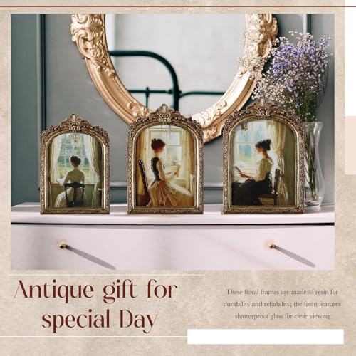 Wonderjune 3 Pcs Vintage Picture Frames Antique Set Baroque Ornate Gold Arched Photo Frames with Glass, Tabletop or Wall f...