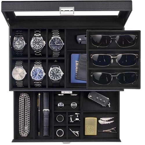 ProCase Mens Jewelry Box, Lockable 6 Slot Watch Case & 3 Slot Sunglasses Organizer, 2-layer Mens Jewelry Organizer Watch B...
