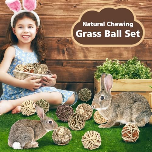 VESPRO Bunny Chew Grass Balls, Rolling Chew Toys for Small Animals, Natural Chew Grass Toys and Bunny Treats for Rabbits, ...