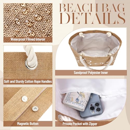 Huhumy Jute Beach Bag for Woman Boho Beach Shoulder Tote Bag with Cotton Handles Modern Waterproof Handbag for Women Vacat...
