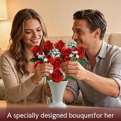 Red Rose Flowers Bouquet Building Set - Valentine's Day Gift Compatible with Lego Flowers for Adults Women, Collection Chr...