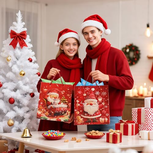 Rusikia 12 Christmas Gift Bags with 12 Tissues and 1 Satin Ribbon, Red Party Favor Bags Bulk with Handles, Glittery Cute B...