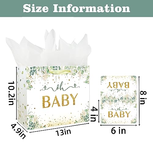 13" Large Baby Boy Girl Gift Bag for Baby Shower or Birthday with Handle, Tissue Paper and Greeting Card (13" Green)